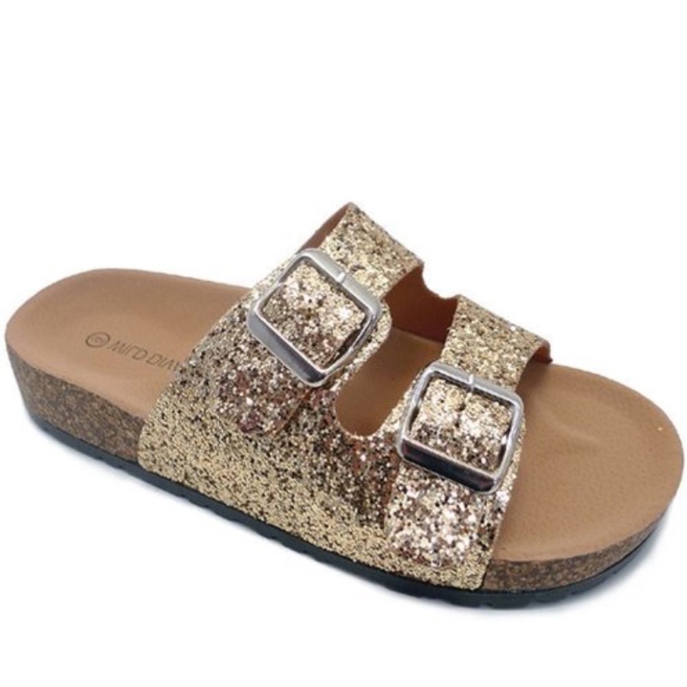 Wild Diva "Birk" style sandals in Gold Glitter